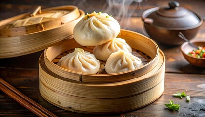 Steamed dumplings in bamboo steamer