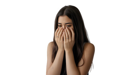 Young woman covering her nose and mouth with hands, isolated on transparent background