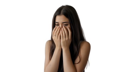 Young woman covering her nose and mouth with hands, isolated on transparent background