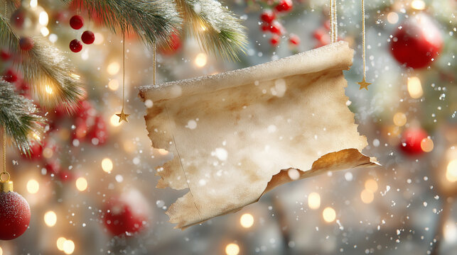 Greeting card mock up designed for the holiday season, showcasing a snowy background, festive ornaments, and a blank, aged paper scroll for messages