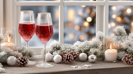 Two glasses of red champagne sit on a wooden surface by a window, surrounded by winter decor and candles. This cozy scene is perfect for Christmas and New Year celebrations