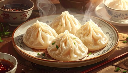 Steamed dumplings, vibrant lighting, rustic setting