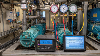 Detailed shot of a complex industrial machine room. Two large teal motors are in the background, with bright analog pressure gauges and two digital monitoring devices in the foreground