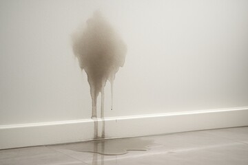 Hyper-realistic image of a wet stain spreading on a wall, highlighting water damage
