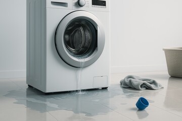 Hyper-realistic image of a flooded laundry room accident with water flowing from a washing machine
