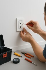 Hyper-realistic image of a worker installing a USB wall outlet with tools, promoting electrical services