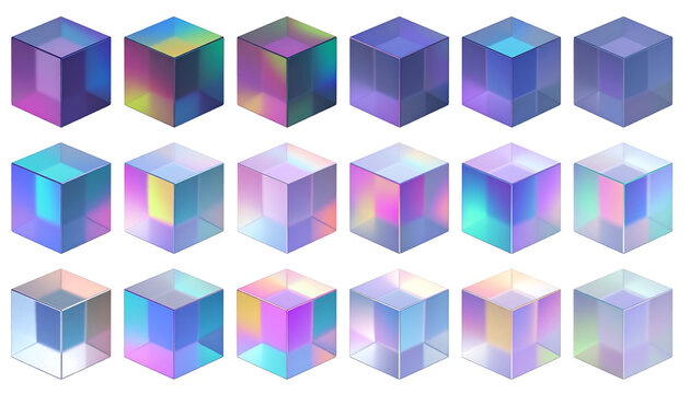 Colorful 3D geometric shapes—cubes and prisms—arranged in grid with iridescent gradients and transparent effects.