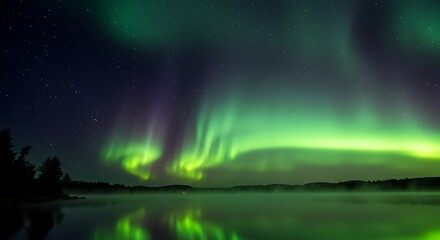 Spectacular aurora borealis display above calm water surface at night