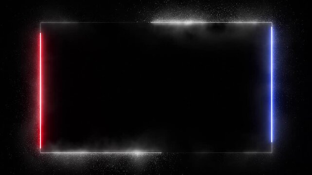 animated blue, red, and white neon glow frame with sparking dust on a black background loop for text overlay, vfx, intros, and borders