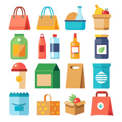 Flat vector set of shopping bags and food containers