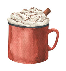 Watercolor red cup with hot chocolate and cinnamon. Cozy fall coffee drink with whipped cream and marshmallow. Christmas hot cocoa clip art. 