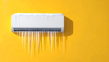 Frozen air conditioner unit on yellow wall