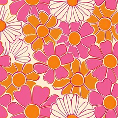 A vibrant floral pattern featuring pink and orange daisies on a cream background. The flowers are stylized with bold outlines and simple shapes, creating a retro aesthetic