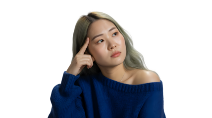 Young asian woman thinking with finger on temple isolated on transparent background