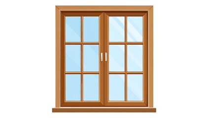 A two-panel wooden window illustration with a light brown frame, clear panes, and a blue sky reflection
