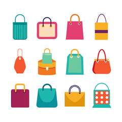 Colorful assortment of shopping bags, flat vector illustration style
