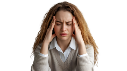 Young woman with curly hair touching her temples in pain, isolated on transparent background