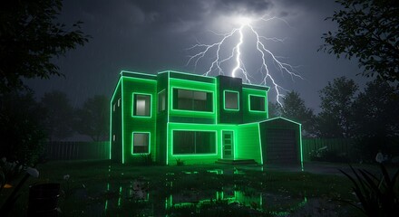 Illuminated home during a thunderstorm with lightning night scene