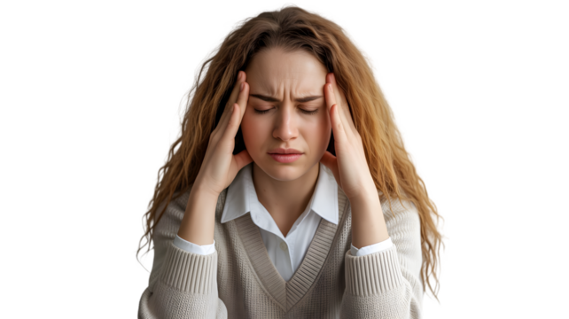 Young woman with curly hair touching her temples in pain, isolated on transparent background