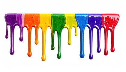 A vibrant horizontal stripe of multicolored paint drips down against a stark white background, showcasing a spectrum of colors in glossy, thick consistency