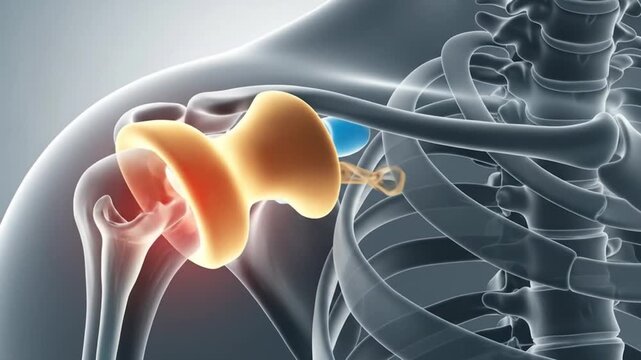 Detailed 3D animation shows advanced shoulder joint replacement surgery with a prosthetic implant, highlighting biomechanical precision and medical innovation for patient recovery.