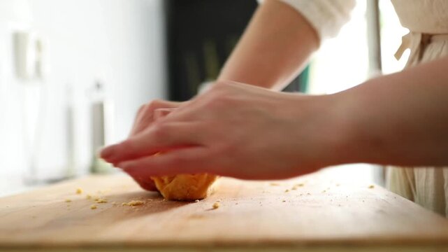 Woman kneading dough in home kitchen, preparing a homemade meal with flour and hands-on baking.