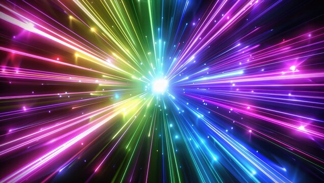 A vibrant, multicolored burst of light emanating from a central point, radiating outward in streaks against a dark background, creating a dynamic and energetic composition