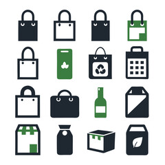 Eco-friendly shopping and packaging icons in flat design style