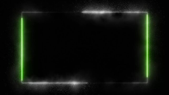 Animation of glowing neon rectangles abstract background. abstract glowing white particles and green neon rectangle border frame. 4k animated on black background