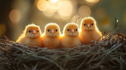 Adorable yellow baby birds in nest