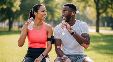 Happy interracial couple drinking water and relaxing after a workout in the park on a sunny summer day