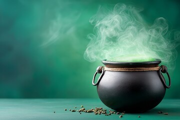 Spooky halloween cauldron with glowing green smoke and magical sparks creating eerie mystical fantasy potion scene, Generative AI