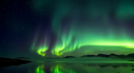 Naklejka premium Spectacular aurora borealis display over tranquil waters at night