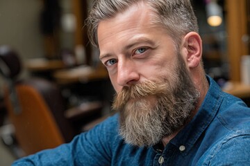 Portrait of a man with a well-groomed beard and a blue denim jacket in a barbershop