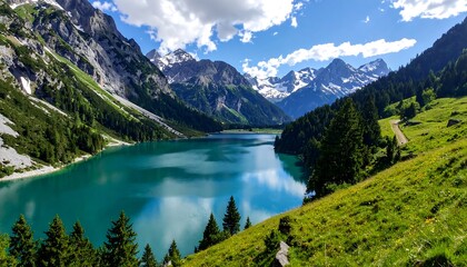 A picturesque alpine lake, flanked by verdant slopes and towering, snow-capped peaks, bathed in bright sunlight