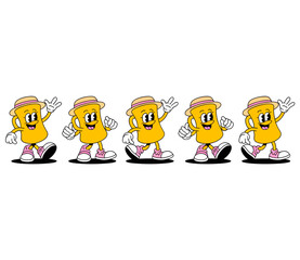 A row of five identical cartoon characters with yellow bodies, wearing straw hats and pink shoes, dancing and waving.