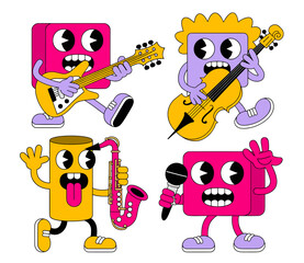 Cartoon band of anthropomorphic shapes playing musical instruments with expressive faces.