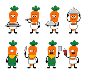 Cartoon carrots in chef outfits, holding trays, knives, and food items, with happy expressions.