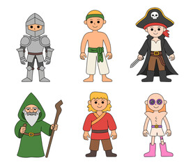 Cartoon characters: knight, native, pirate, wizard, peasant, and futuristic person.