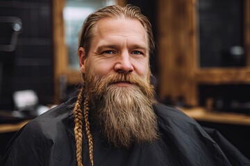 A man in a barbershop with a Scandinavian beard and two Viking braids