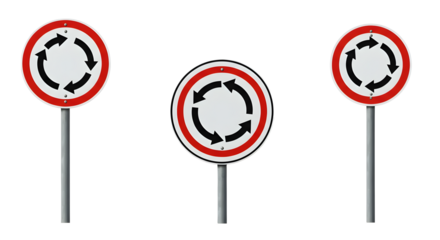 A set of 3 roundabout traffic signs isolated on white background, road safety symbol collection for driving instruction, transportation design, highway signage, regulatory warning and navigation conce