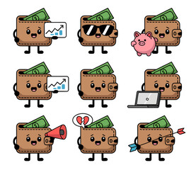 Cartoon wallets with money and various accessories, standing on legs.