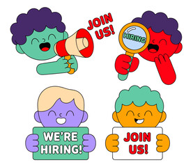 Cartoon illustrations of people announcing job openings with megaphone, magnifying glass, and signs.