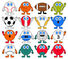 Collection of cartoon sports balls with eyes, arms, and legs, various designs.