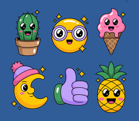 A collection of six cute kawaii cartoon stickers on a blue background.