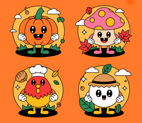 Four cute cartoon characters representing autumn: a pumpkin, a mushroom, a chicken, and a ghost, set against an orange background with autumn leaves and clouds.