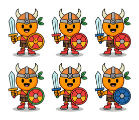 Cartoon orange viking warriors with swords and shields.
