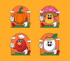 Four groovy cartoon characters: a pumpkin, mushroom, chicken, and egg, all with faces and pointing up, in a retro style.