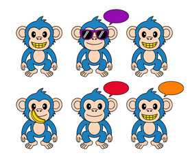 A collection of six cartoon blue monkeys with different expressions and accessories, including sunglasses and a banana.
