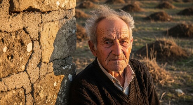 Elderly man leaning against stone wall in rural field
